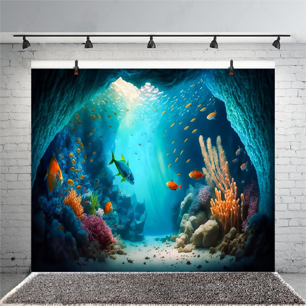 Renaiss 10x8ft Under The Sea Backdrop Ocean Underwater World Little Mermaid Tropical Fish Aquarium Photo Background Birthday Party Decorations Newborn Baby Shower Party Photo Prop
