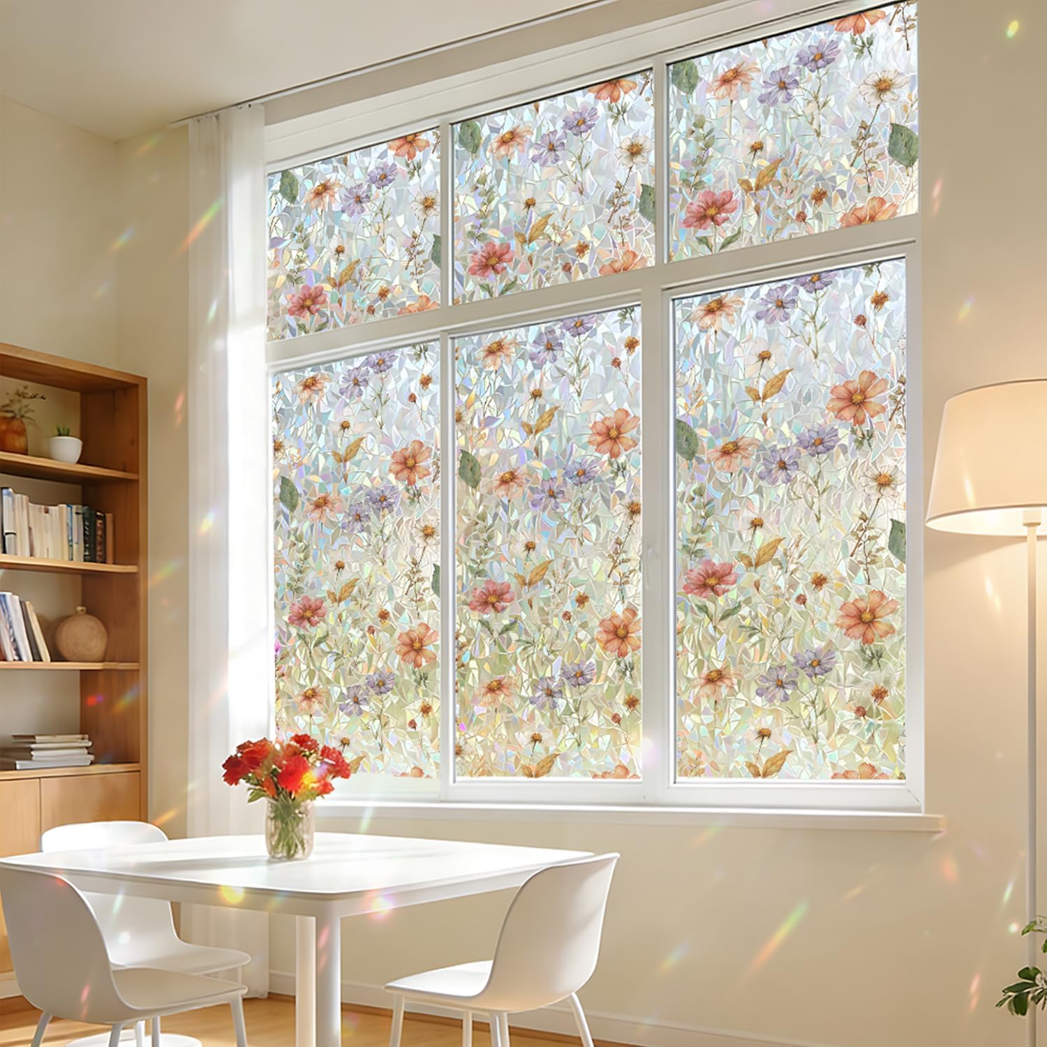 Window Privacy Film Rainbow Stained Glass Windows, Static Cling Sun Blocking Decals Sticker Colorful Removable Vinyl Window Film (Pink Flower, 17.5''x78.5'')