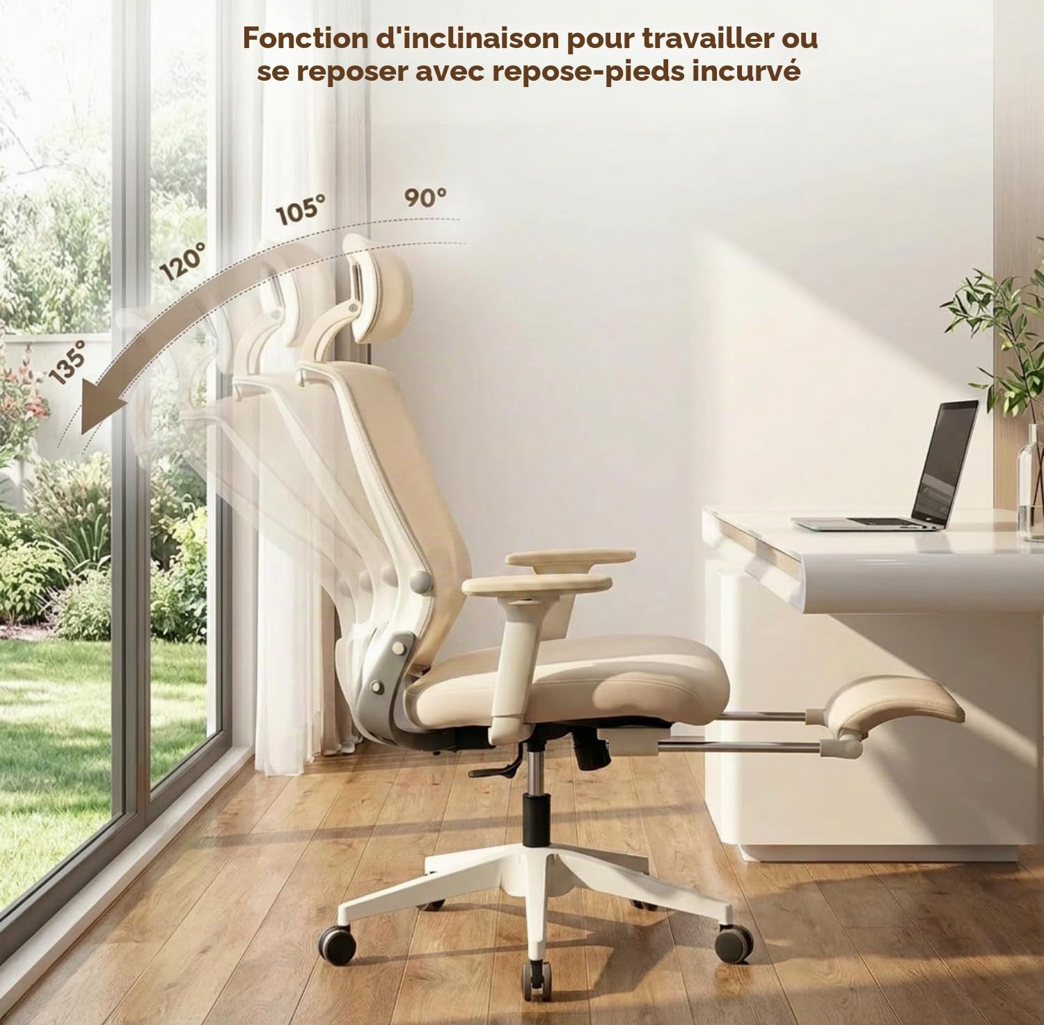FLEXISPOT Foldex Chaise Bureau Pliante, Chaise Ergonomique avec Support Lombaire, Accoudoirs Réglables en Hauteur, Appui-Tête 2D, Chaises de Bureau avec Repose-Pieds, Beige