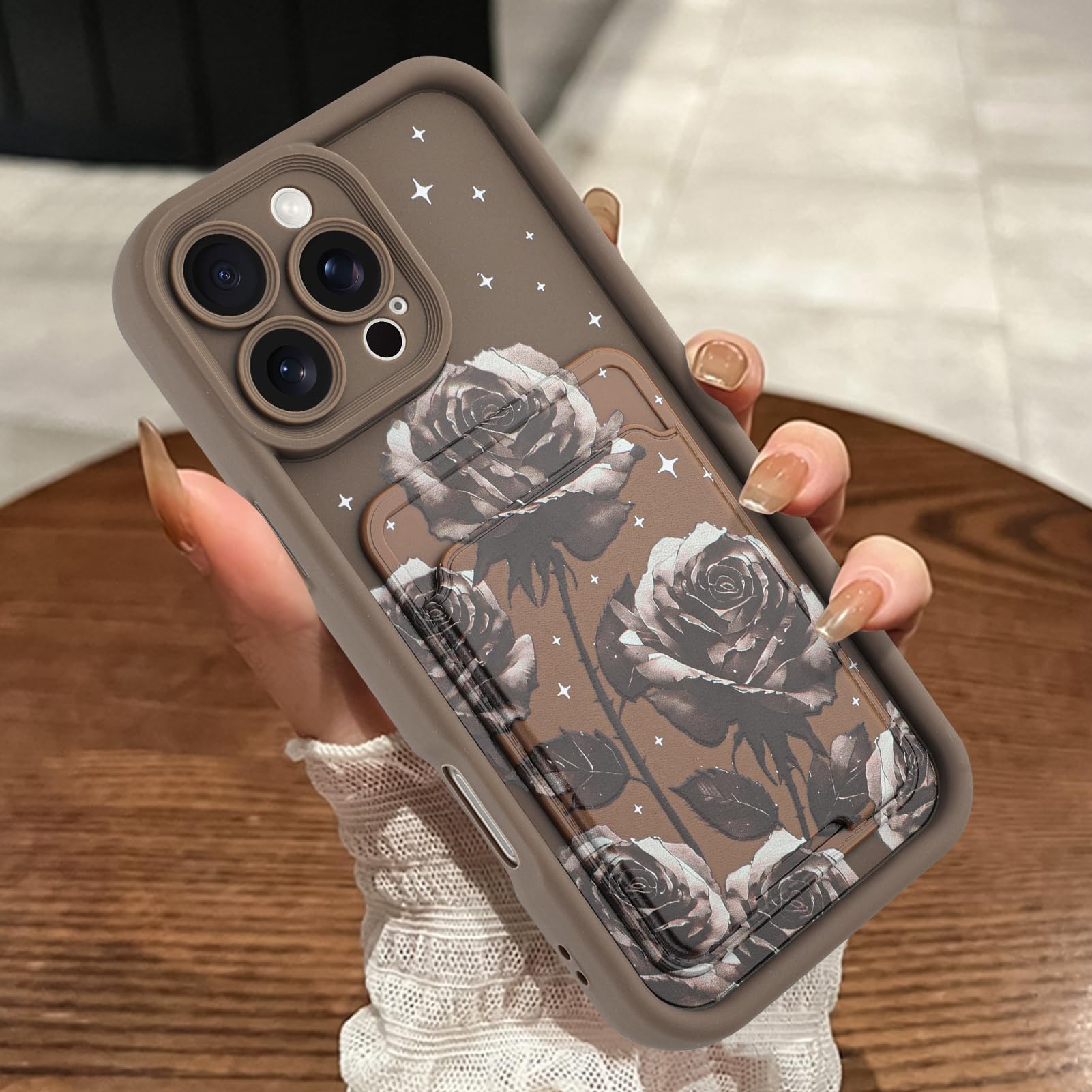 MOWIME Compatible with iPhone 16 Pro Max Case with Card Holder, Rose Floral Shockproof Soft TPU Protective Cover Women Girls, Anti Scratch Wallet Case