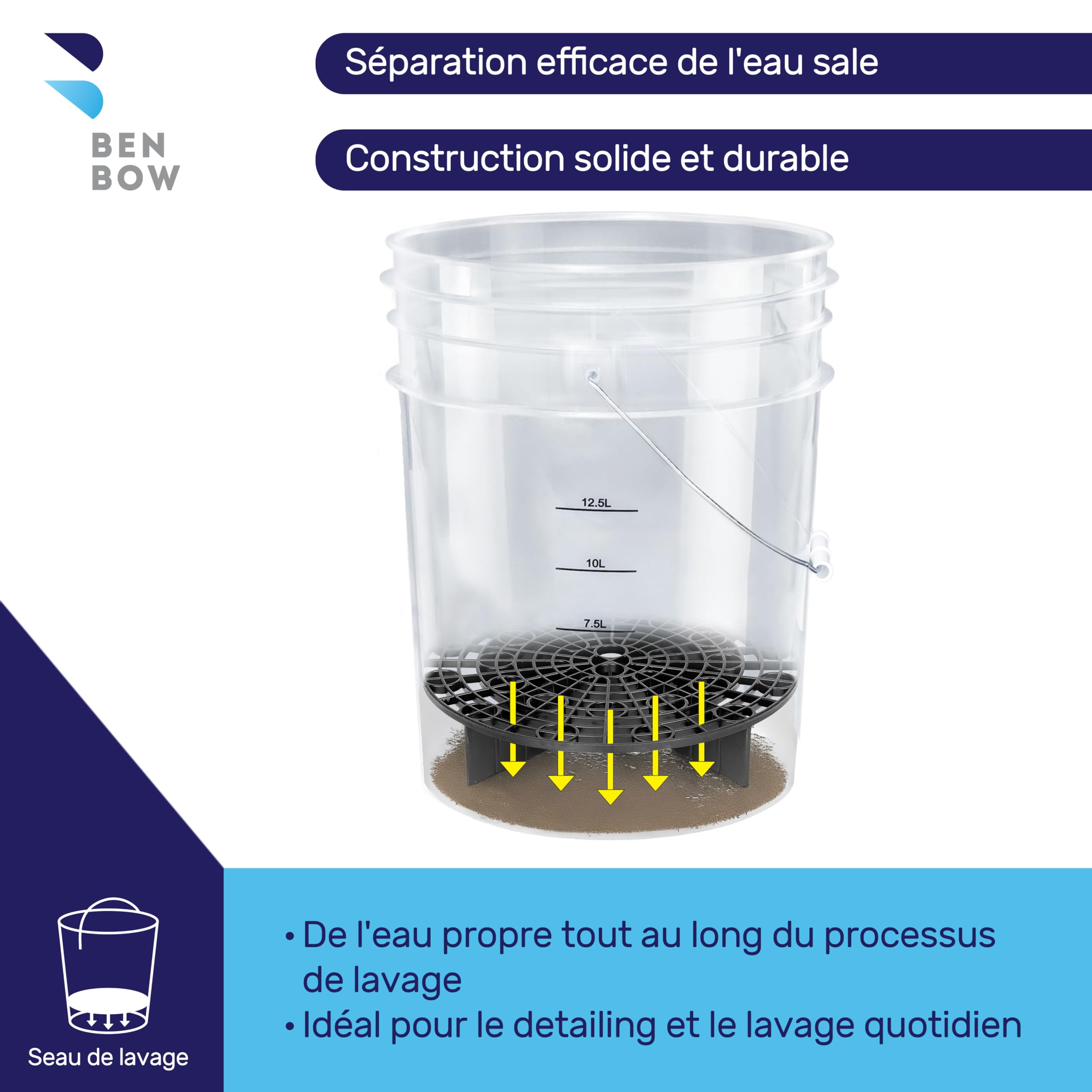 BenBow Seau de Lavage Transparent de 20 litres avec Grille de Lavage filtrante - idéal pour Le Lavage à la Main de la Voiture, Durable et Polyvalent
