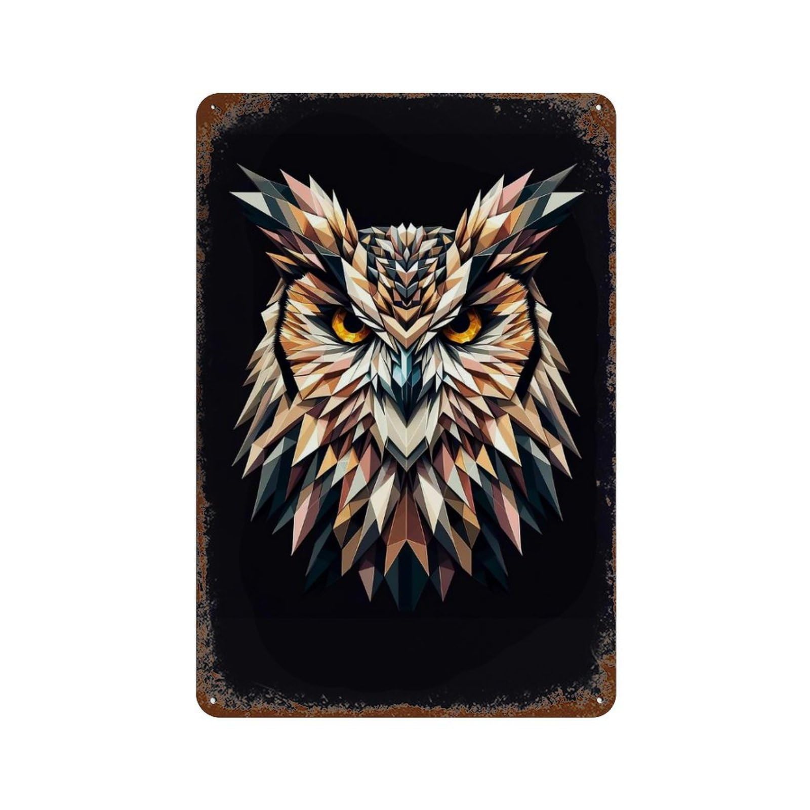 Rust Effect Geometric Owl Weathered Tin Sign 11.8"x7.9", Retro Wall Decor for Garage, Bar And Workshop Decor