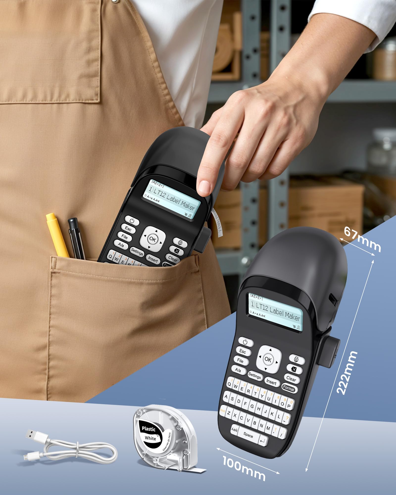 Phomemo LT12 Etichettatrice, Bluetooth Stampante per Etichettatrice Etichette Adesive, Etichettatrici portatile con tastiera QWERTZ Per Casa, L'ufficio,Stampa su Etichette Serie da 3.5 a 12 mm