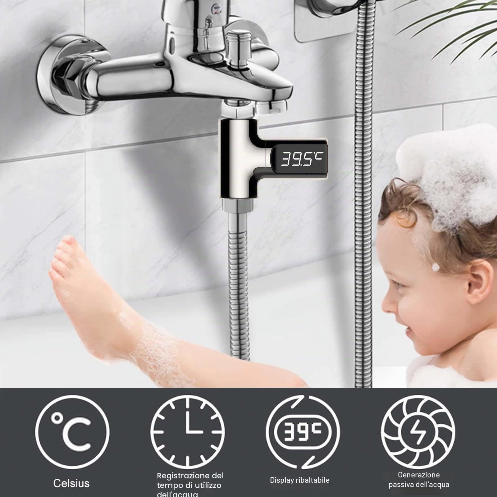 Molbory Termometro da bagno digitale a LED, 5 – 85 ℃, in tempo reale, flusso d'acqua con schermo girevole a 360°, termometro per acqua per bambini, termometro per doccia