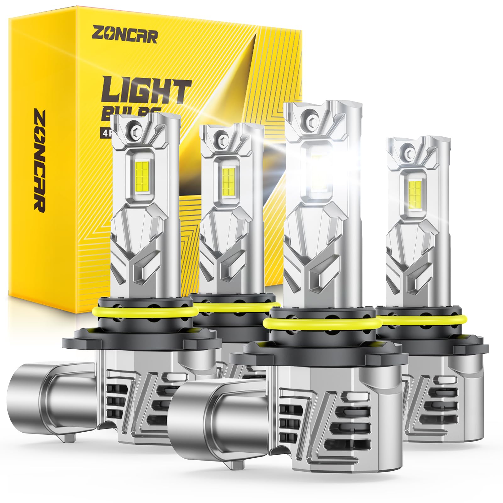 ZonCar 9005 9006 Driving Bulb, 130,000 Lumes Super Birghter, 6500K Cool White, HB3 HB4 1:1 Size Plug-N-Play Bulbs, 500% Heat Dissipation, Up to 80,000Hrs Lifespan, Pack of 4