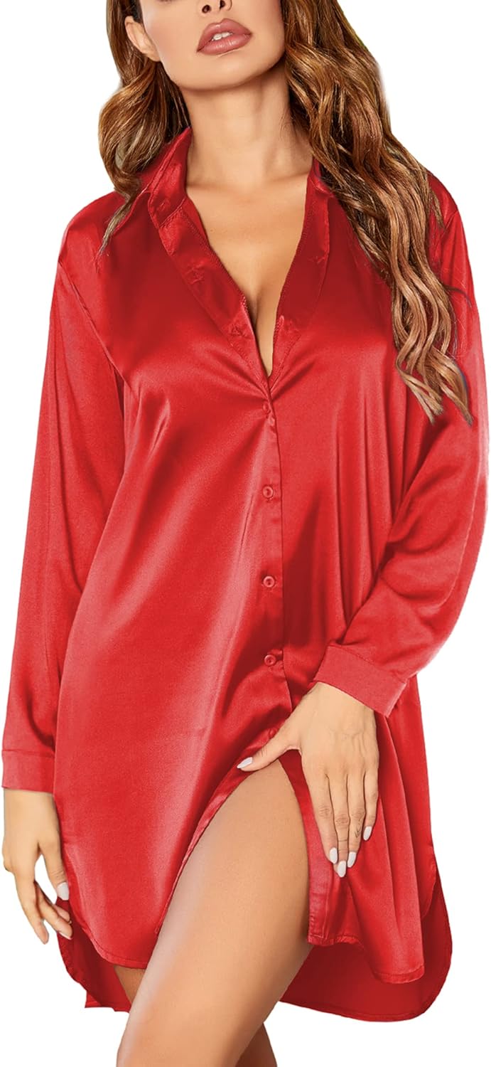 Ekouaer Satin Nightgown for Women Button Down Silk Sleepshirts Sexy V Neck Night Gown Long Sleeve Night Shirts S-3XL