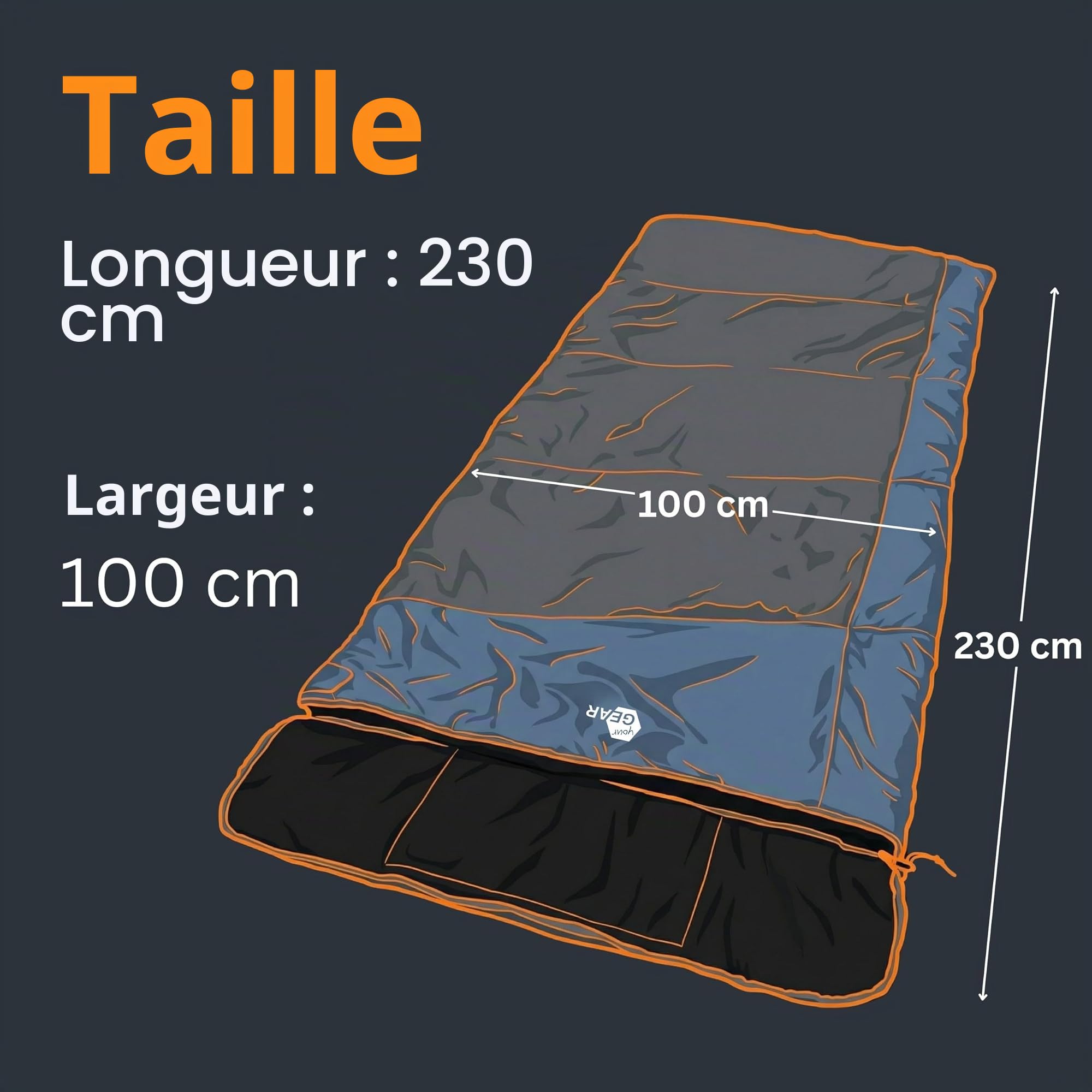 your GEAR XXL Sac de Couchage Sumatra -7°C Sac de Couchage rectangulaire 230x100 cm Doublure en Coton Bleu Gris Partie Amovible pour la tête