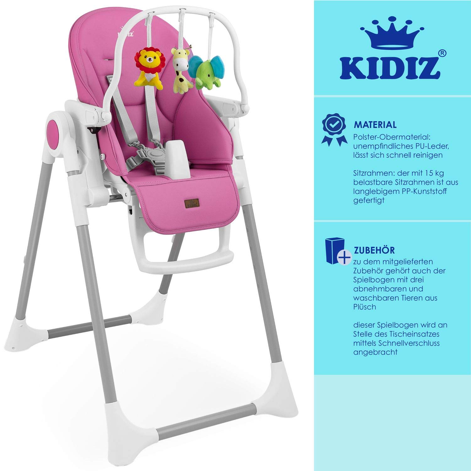 KIDIZ® 3 in 1 Seggiolone Seggiolone per bambini con barra dei giochi, Lettino per bambini, Seggiolone combinato Seggiolone per bambini, Schienale regolabile in 7 diverse altezze, Rosa