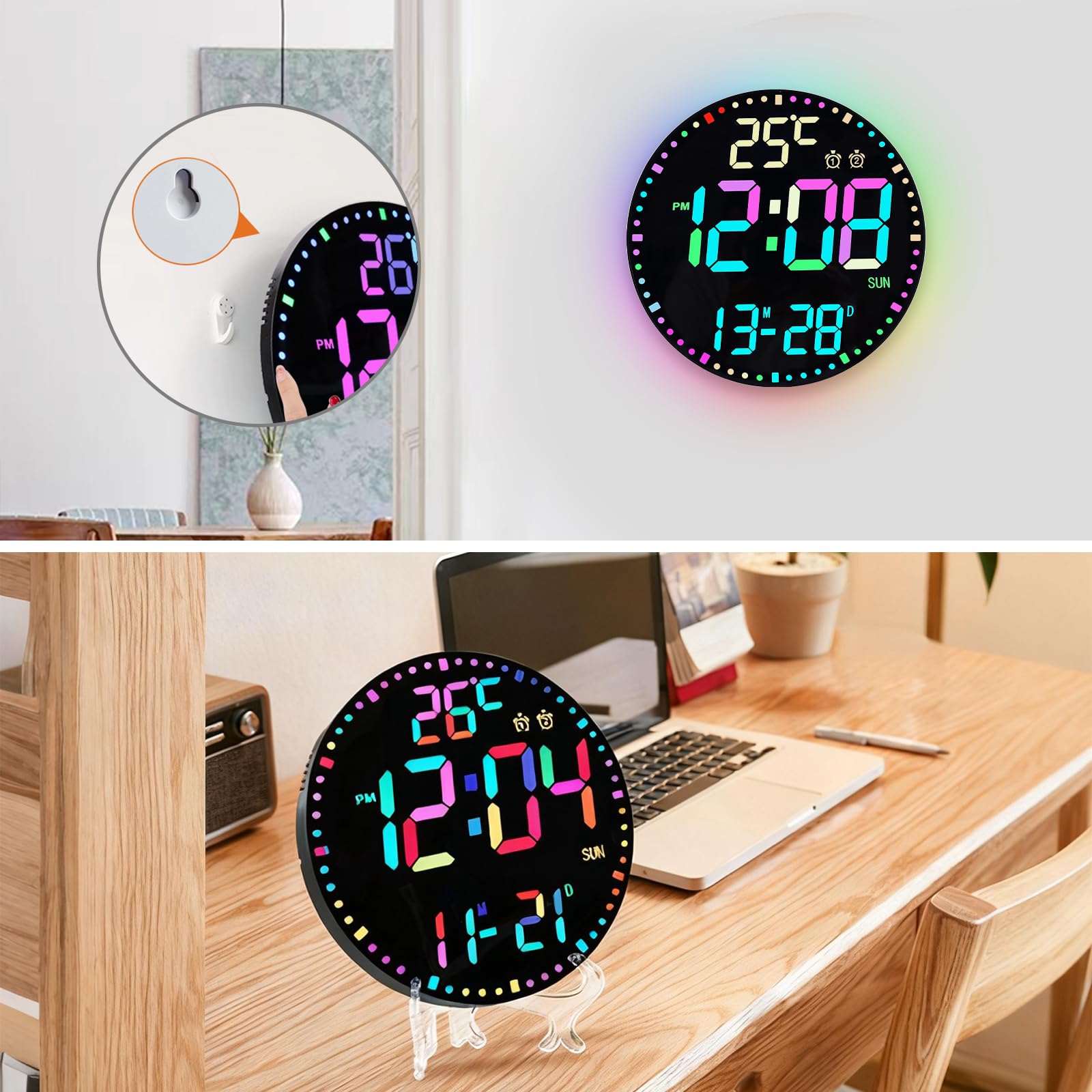 Orologio da parete digitale da 12 pollici con luce notturna, orologio da parete digitale con telecomando, allarme, grande orologio digitale, con luce notturna, 12 colori RGB visualizzazione della