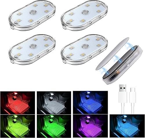 Paquete de 4 luces magnéticas de 7 colores para el interior del automóvil, inalámbricas, mini USB C recargable, luces LED para interior con 6 luces