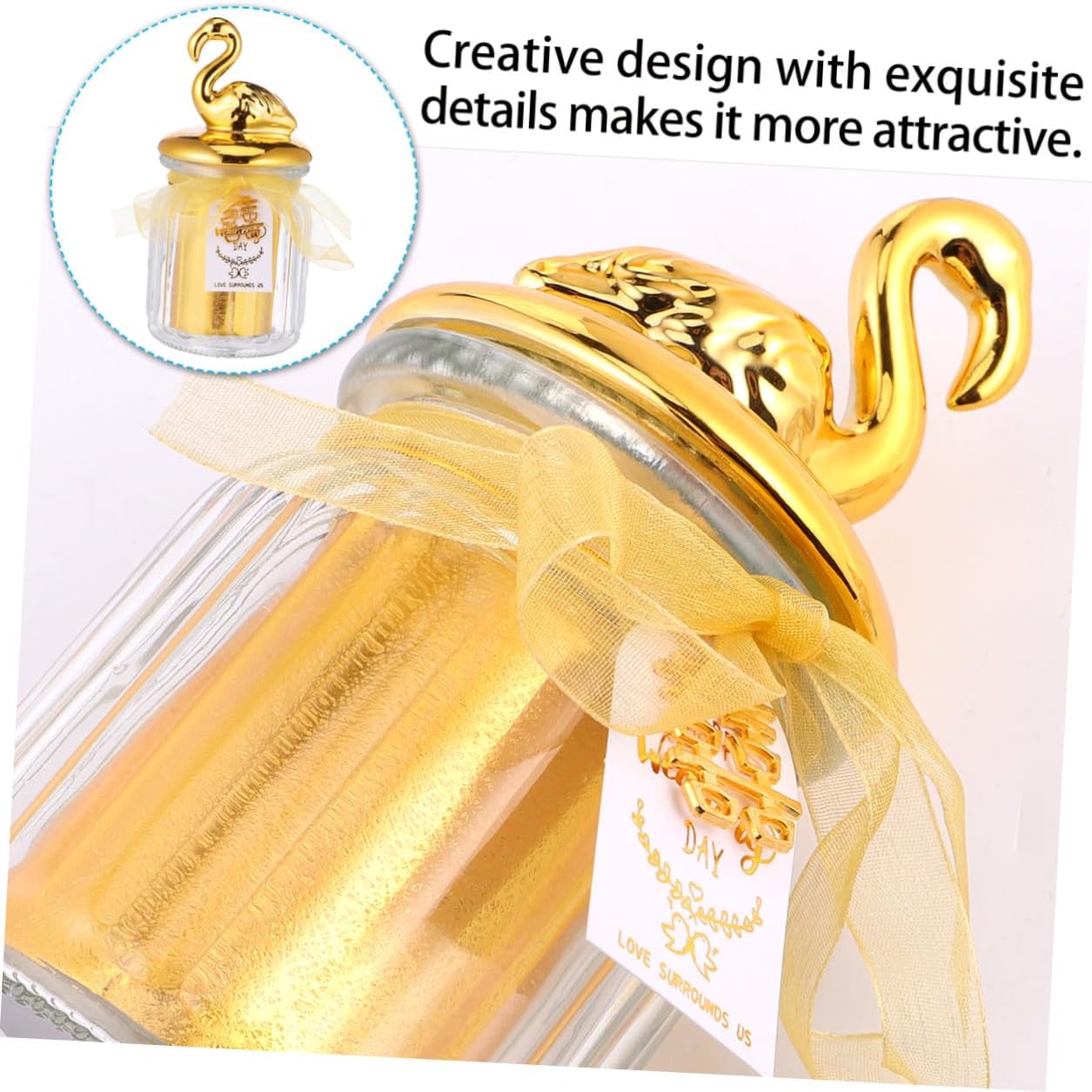 Wedding Glass Sealed Candy Jar with Ceramic Flamingo Lid, Gold Overgild Glass Dessert Box for Wedding Party Favors and Snack Storage