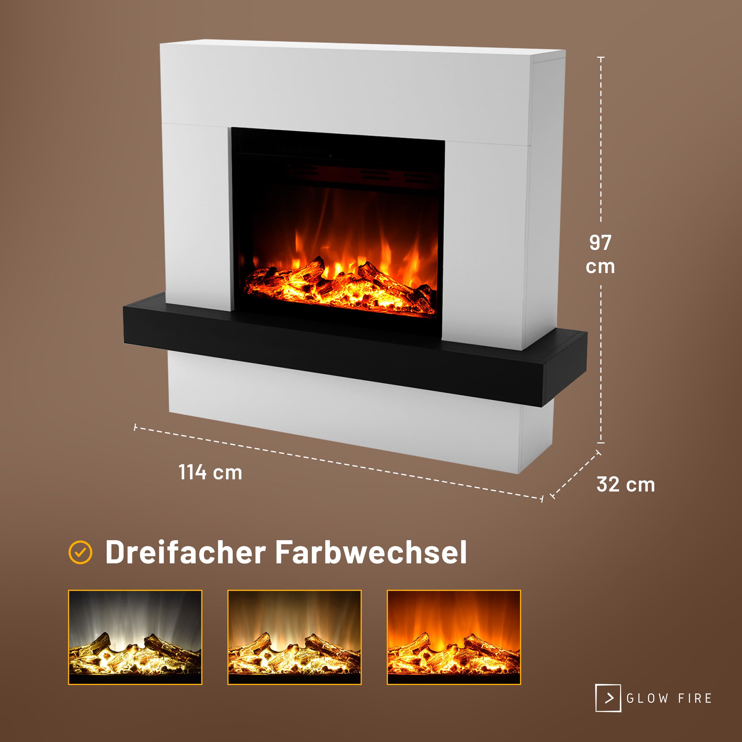 GF Core Elektrokamin mit Heizung und Kaminfeuer (Standkamin Pandora) - elektrischer Kamin mit LED-Feuer in 3 Farben, Heizlüfter, Holz-Deko & Fernbedienung, 114x97x32 cm, Weiß