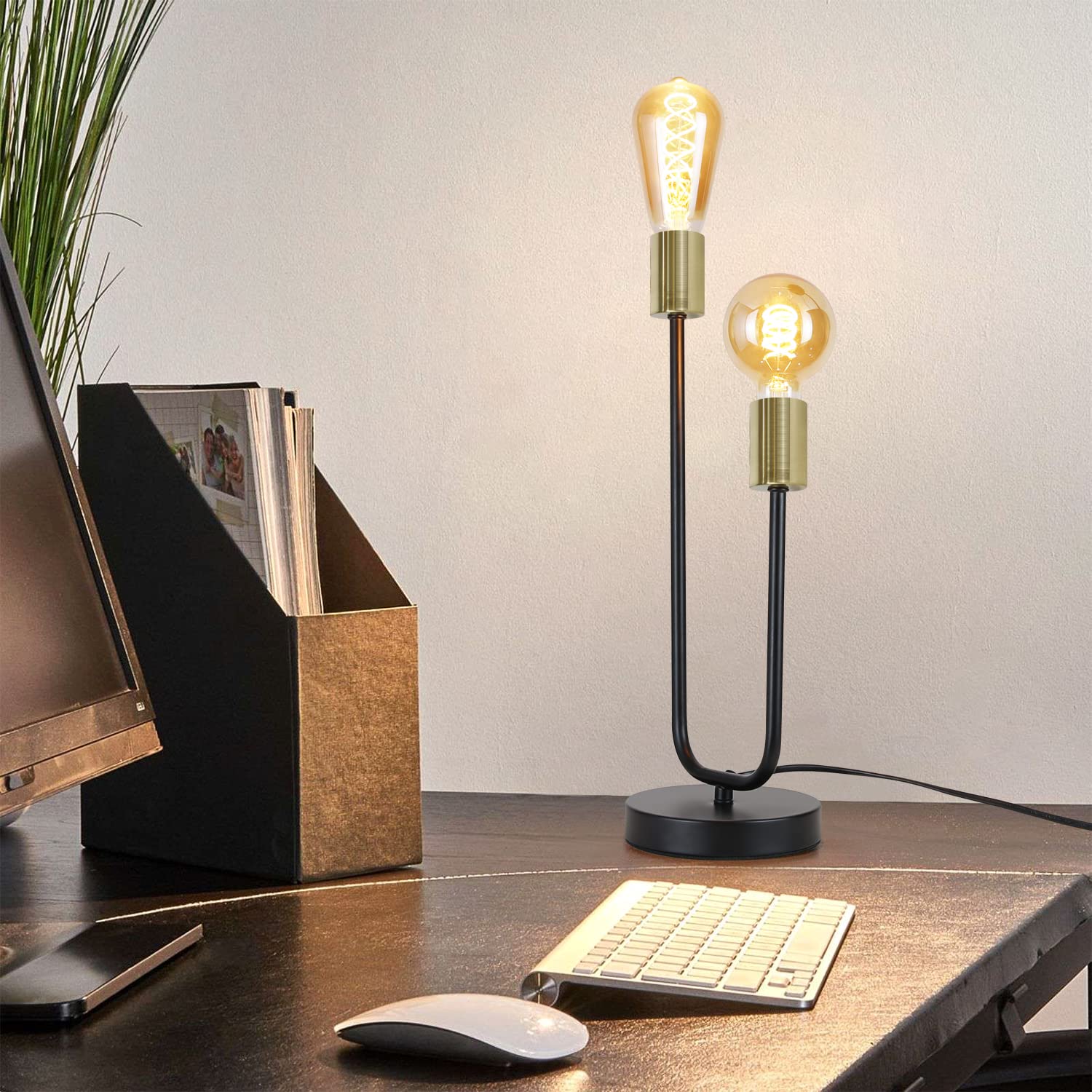CBJKTX 2er Tischlampe Vintage Tischleuchte E27 - Retro Nachttischlampe in | Schwarz Gold mit 2 Flammig Industrial Schlafzimmer Nachtlicht aus Metall Schreibtischlampe mit Kabel für Wohnzimmer