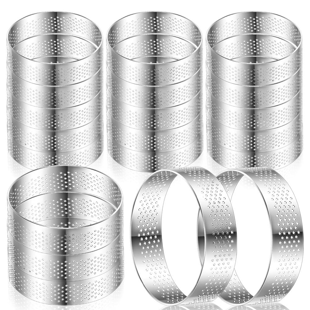 CTRLZS 20 Pcs 3Inch Perforated Tart Rings Round Tart Ring Stainless Steel Tart Rings for Baking Nonstick Metal Round Cake Ring