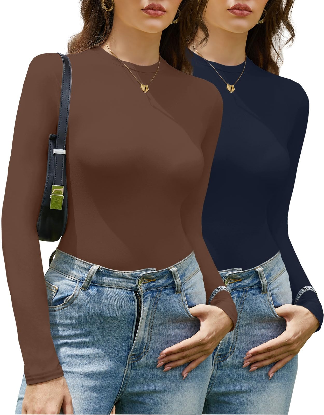 Yutdeng T-shirt à manches longues pour femme - Élégant - Col rond - Stretch - Coupe ajustée - Haut court Y2K - T-shirt basique confortable - Haut décontracté - Couche de base fine - Chaud