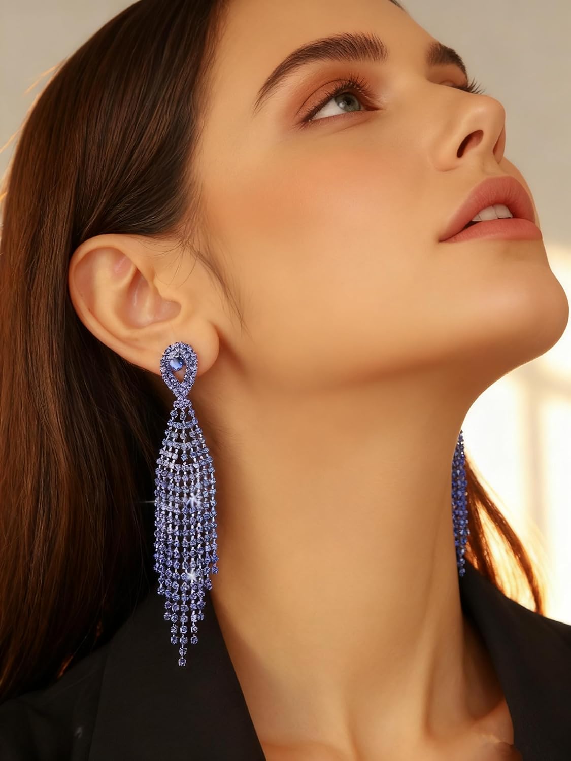 Rhinestone Earrings Dangling for Women Sparkly Silver Dangle Earrings Girls Long Chandelier Earrings Tassel Lightweight Ear Studs Cubic Zirconia (KE001S-W) - Image 5