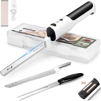 HK Cordless Electric Knife for Carving Meats, Poultry, Bread, Crafting Foam & More, Included Dual 304 Stainless Steel Blades, Fork, Foldable Cutting Board