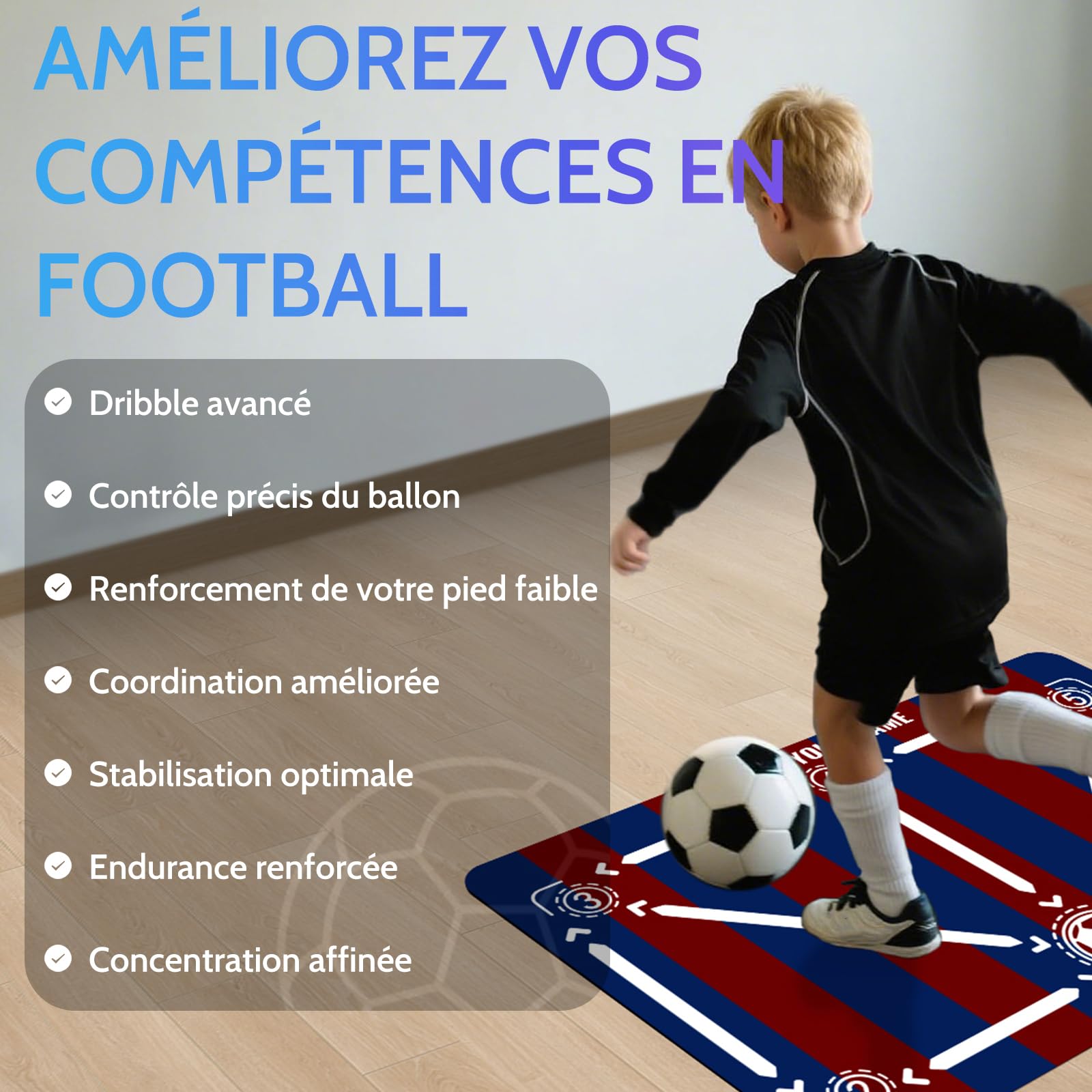 Tapis Foot avec Vidéos, Entrainement Football, Contrôle du Ballon | Football Accessoire avec entraîneur de tir pour dribble, antidérapant, absorption sonore et amorti, Cadeau Foot pour Enfant