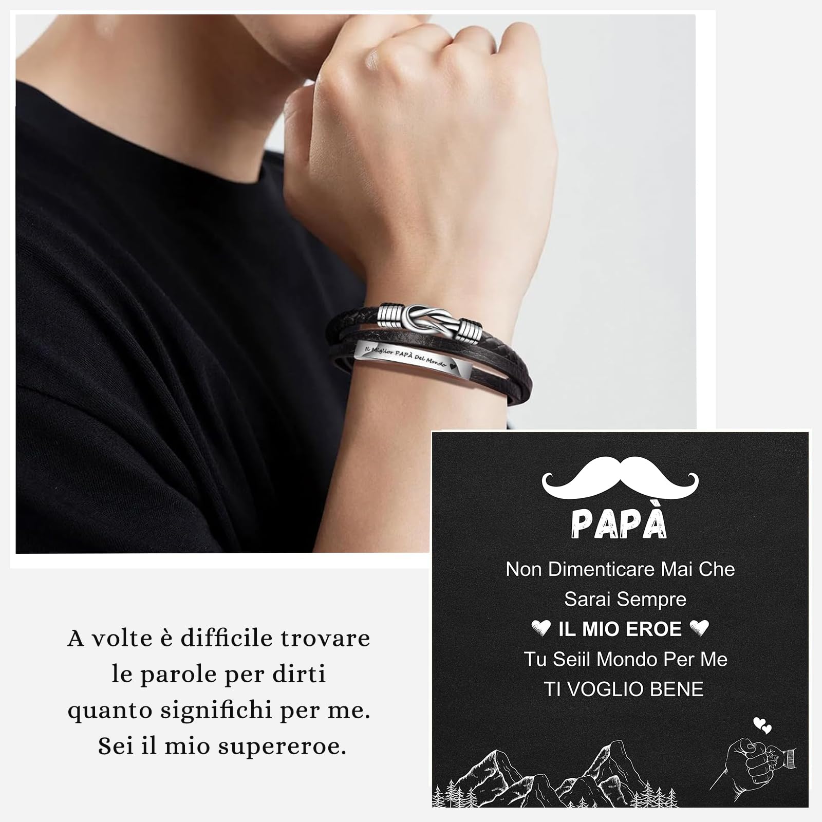 TERRISHE Regalo Uomo Bracciale Uomo Bracciale In Pelle Nera, Regalo per Papà Figlio Mariti Fidanzati, Regalo In Pelle per la Festa del Papà Laurea Compleanno Natale San Valentino