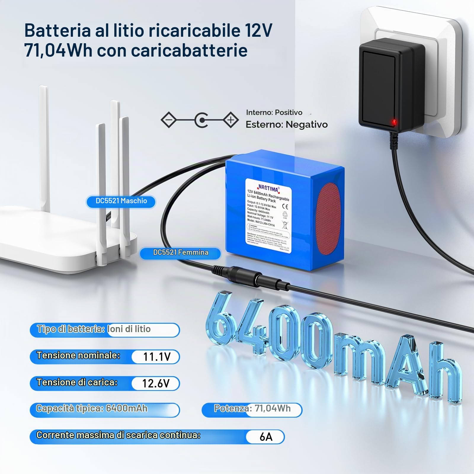 NASTIMA 6400mAh 71,04Wh 12V Batteria Ricaricabile Agli Ioni di Litio | Adatta per Fotocamere, Videocamere, Lettori MP3, Telecamere CCTV, Router, Radio, ecc. Include Caricabatterie e Connettore