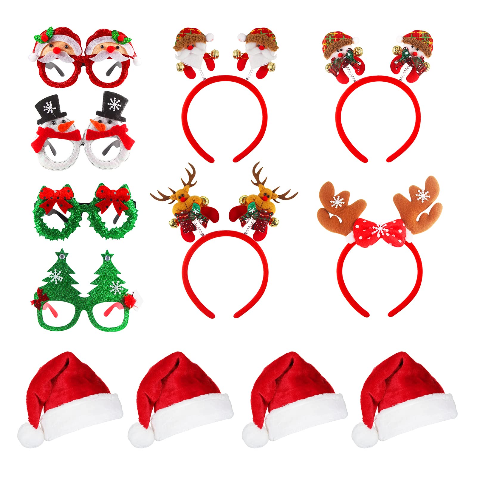 OPUHOHR Juego de 12 gafas de Navidad para la diadema y los gorros de Navidad, para fiestas de Navidad, para el cabello, para adultos y niños, fiesta de Navidad, mascarada, carnaval