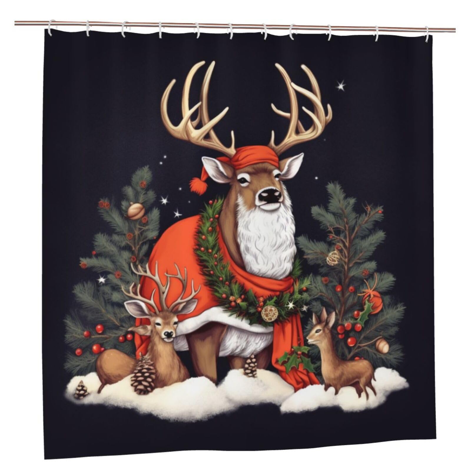 BWWHCCTI Christmas Deer Printed Shower Curtain With 12 Plastic Hooks Opaque Quick Drying Waterproof Shower Curtains Sets For Bathroom 183x183 CM