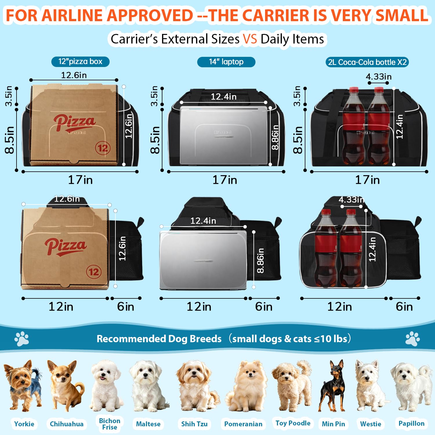 Petskd Transportín con expansión superior y lateral, 41,18 x 30,48 x 21,59 cm, para JetBlue, Frontier y Spirit, blando, perros y gatos pequeños, cremalleras de seguridad y malla antiarañazos (negro)