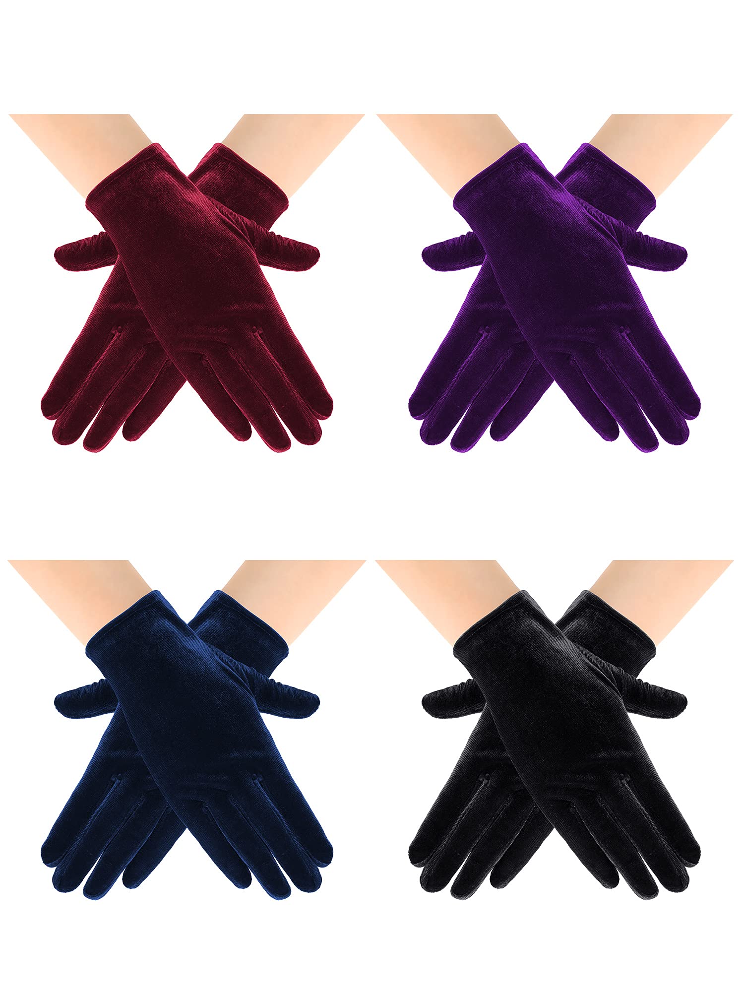 Geyoga 4 Pairs Women Velvet Gloves Short Satin Gloves Christmas Cosplay Tea Party Wrist Mitten for Dancing Party Costume