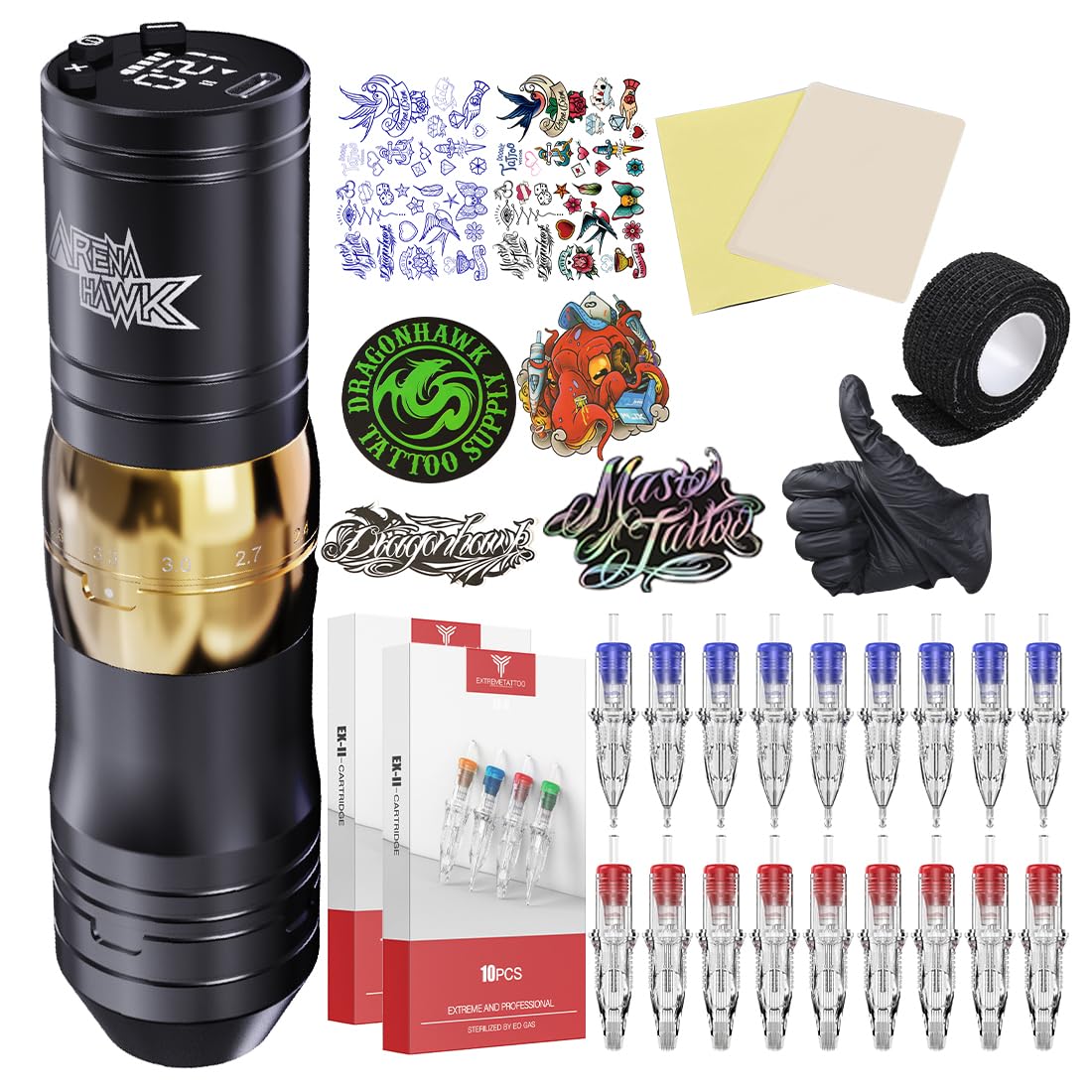 Dragonhawk Wireless Complete Pro Tattoo Gun Pen Machine Kit, Cartridges Tattoo Machine Needles for Beginners (Gold)