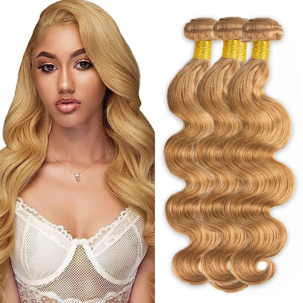 16 18 20 Inch #27 Blonde Bundles Human Hair Body Wave 3 Bundles 50 Gram/Bundle Unprocessed Brazilian Virgin Hair Honey Blonde Body Wave Bundles Human Hair Extensions