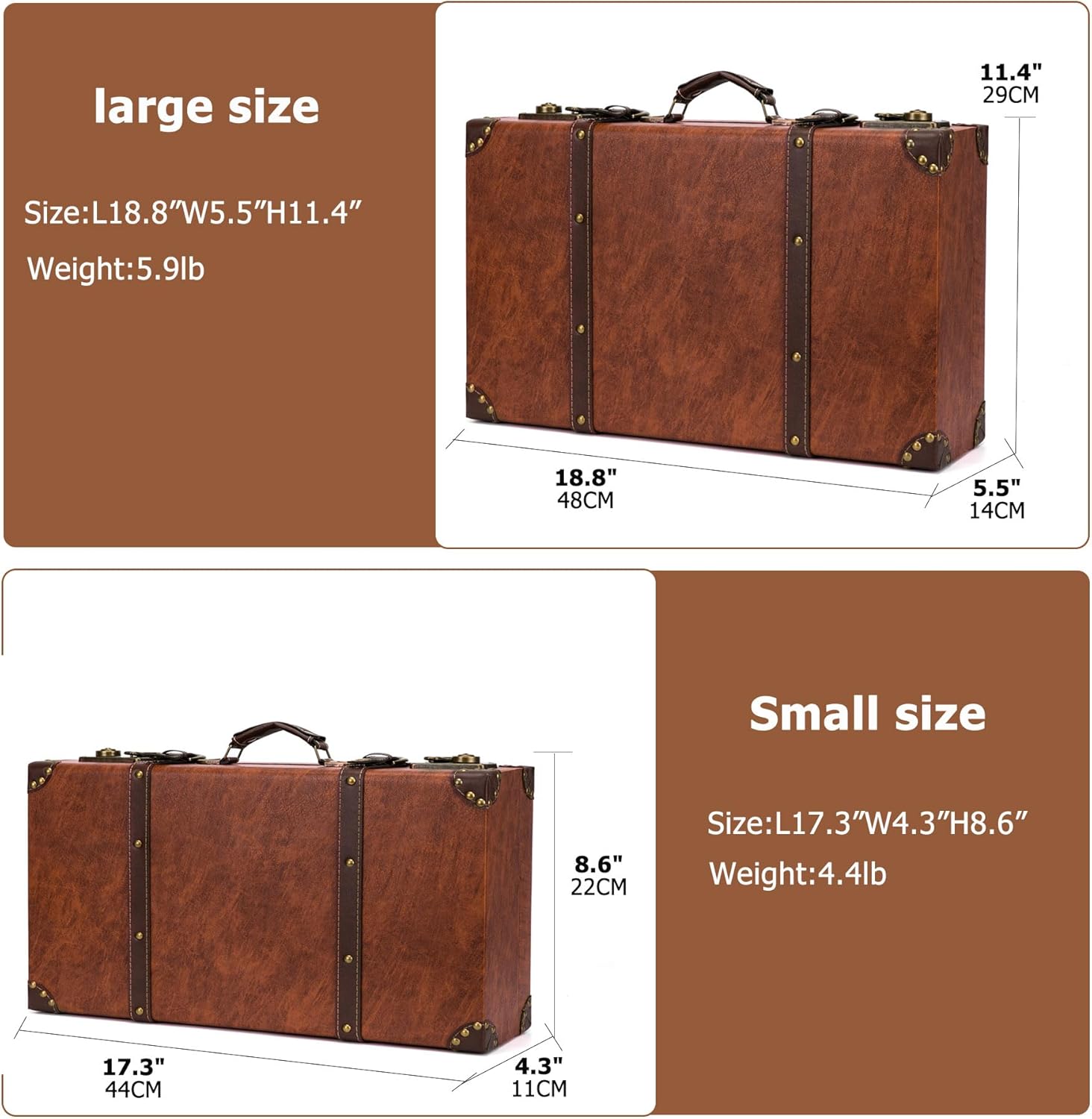 feilario vintage leather storage trunk small portable decorativeluggage suitcase movie prop luggage-2 size option, brown (brown, l) brown-l
