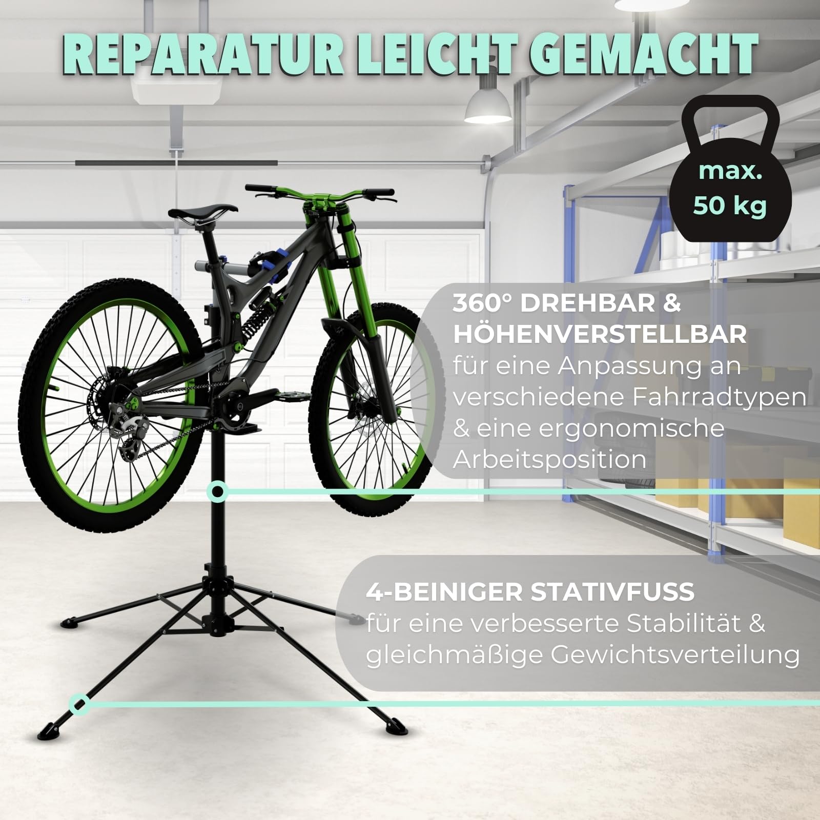 HAGO24 E-Bike Montageständer in Schwarz I Tragkraft bis 50kg I Höhenverstellbarer Montageständer für Fahrräder I Robuster Fahrrad Reparaturständer aus Stahl I 360° drehbare Fahrradhalterung
