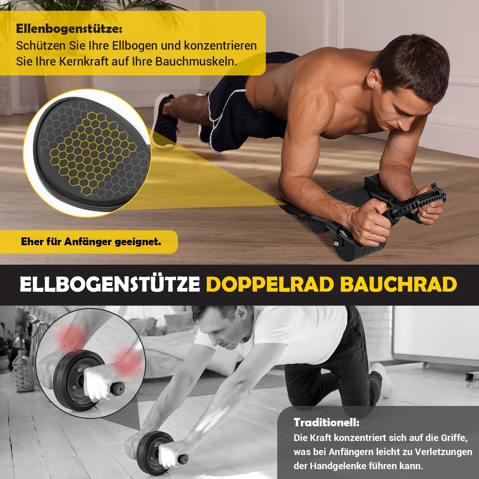 Roue abdominale pour abdominaux - Rouleau de rebond automatique pour l'entraînement des abdominaux - Avec tapis de genoux - Avec support des coudes et doubles roues stables