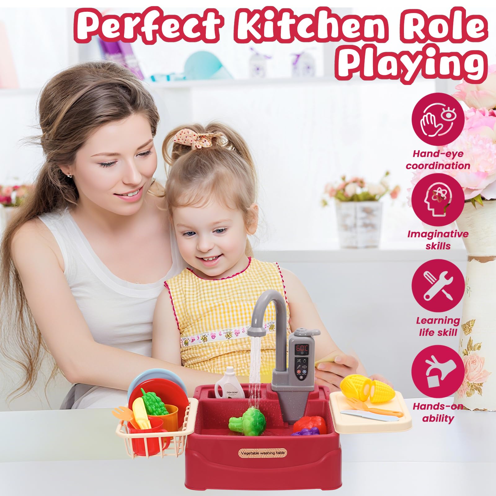 Jeu d’Évier de Cuisine pour Enfants avec Robinet à Recyclage d’Eau,Jouet de Rôle Incluant Légumes et Accessoires, Pompe à Eau Réaliste,Cadeau pour Filles Garçons dès 3 Ans