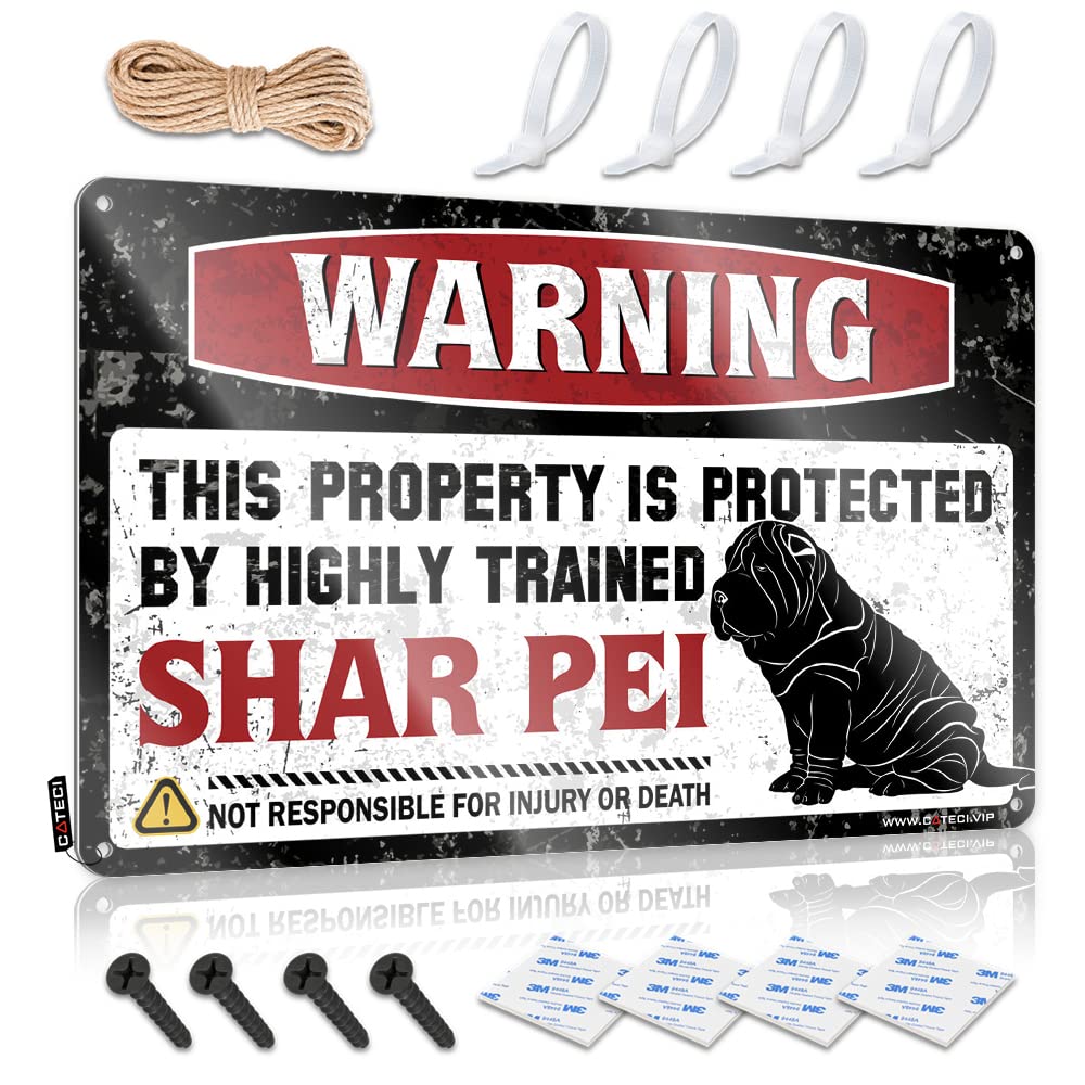HELIOFORGE Metal Signs For Home Decor Warning This Property Is Protected By A Highly Trained Shar Pei Tin Sign Mens Room Sign Funny Man Cave Signs(20X30CM)