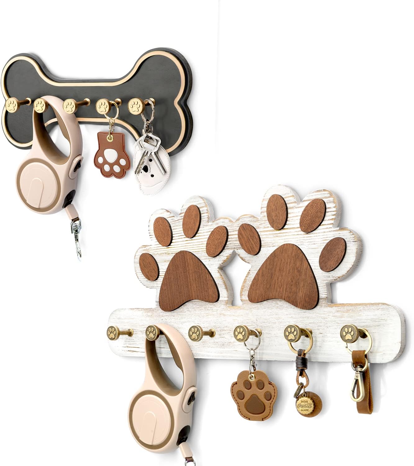 MTERSN Dog Leash Holder for Wall, Dog Bone Hooks and White Dog Paw Hooks for Key, Coat, Dog Harnesses, Dog Coller