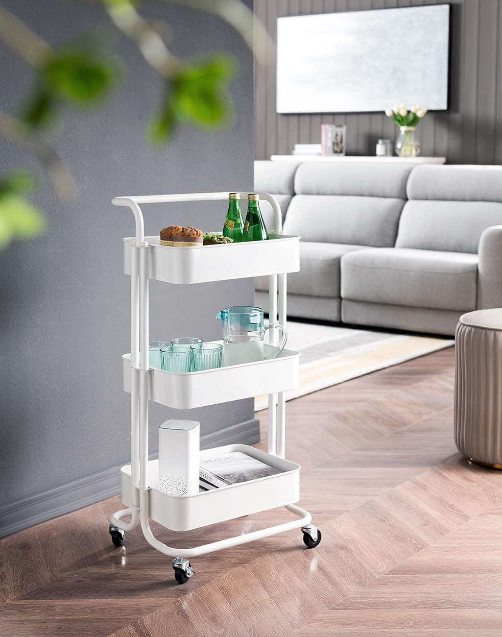 Iris'Home Sturdy 3-Tier Metal Mesh Rolling Utility Cart with Handles, Heavy Duty Mobile Storage Organizer,Shelving Unit with Wheels, Kitchen Island (White)