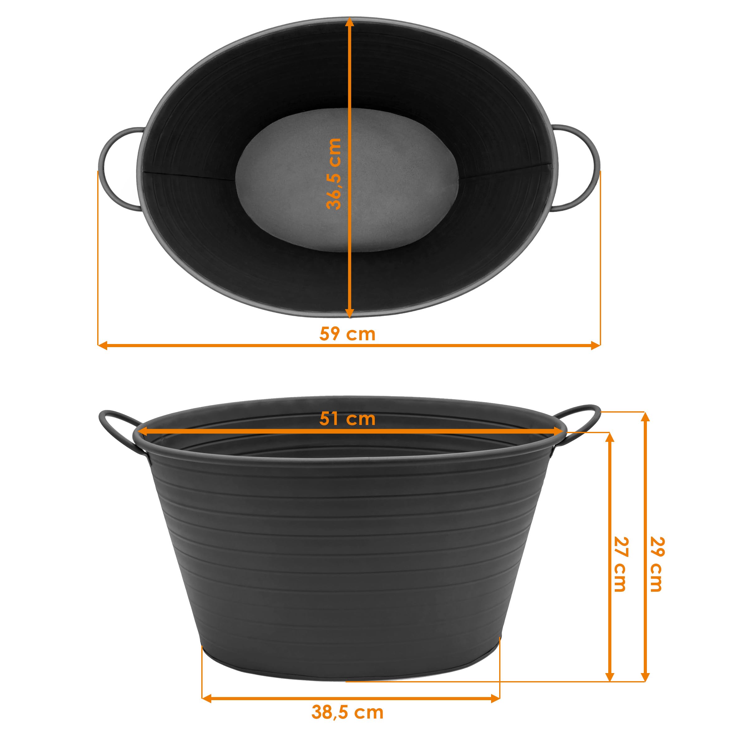 Spetebo Bac ovale en métal avec poignées - 59 x 36 cm - Noir - Jardinière décorative en métal - Mini bassin de jardin, bassin de balcon, bac à fleurs - Pot de fleurs décoratif