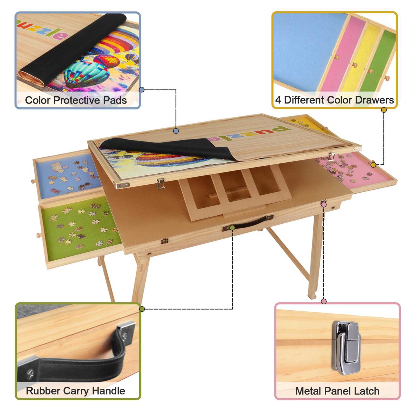 Puzzle Table with Drawers and Legs, 27"x35" Jigsaw Puzzle Table for 1500 Piece, Folding Puzzle Table with Cover, Tilting Puzzle Tables for Adults and Kids