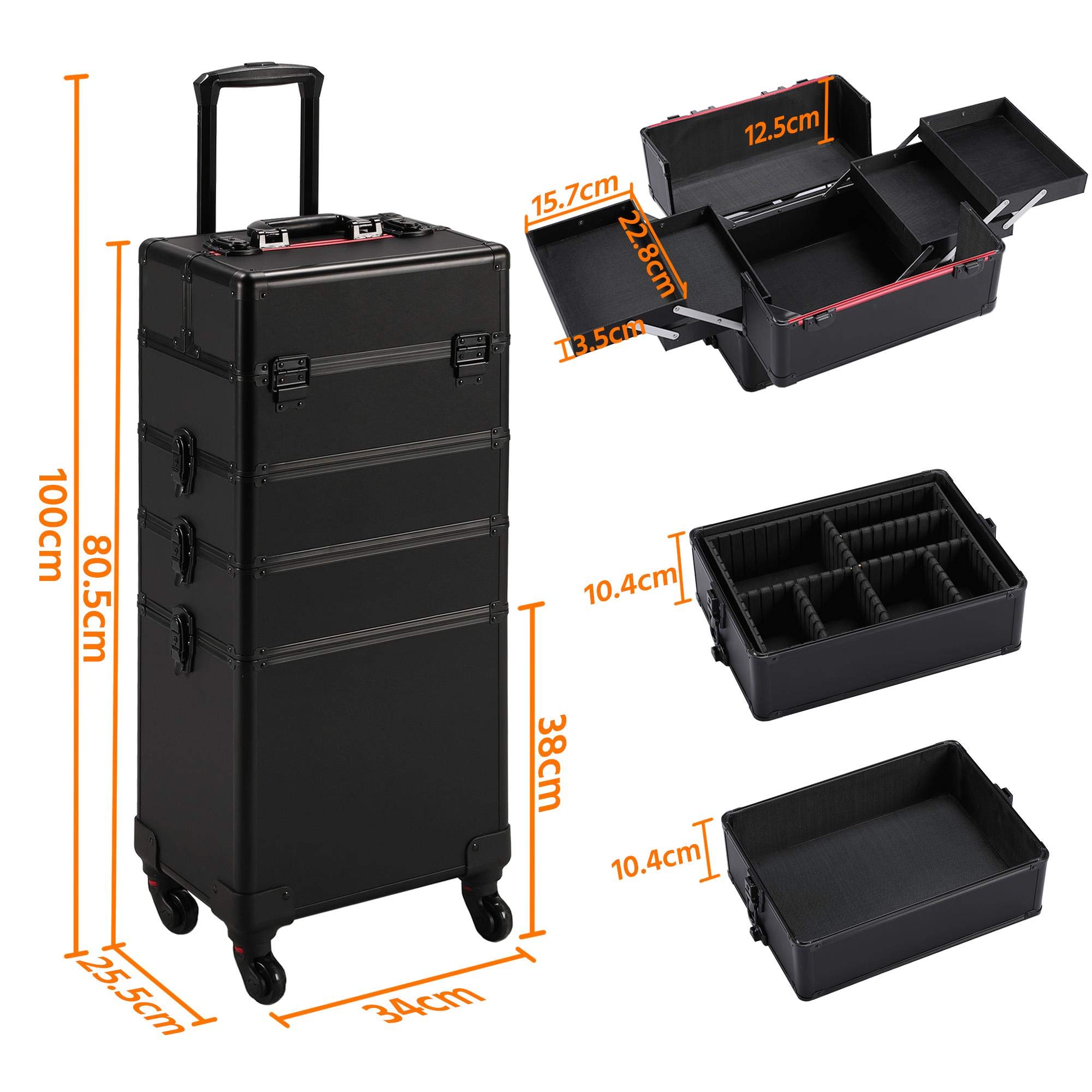 Yaheetech Alu Make-up Koffer Trolley 4-in-1 Kosmetikkoffer Beauty Case Transportkoffer 34 x 25,5 x 80,5 cm