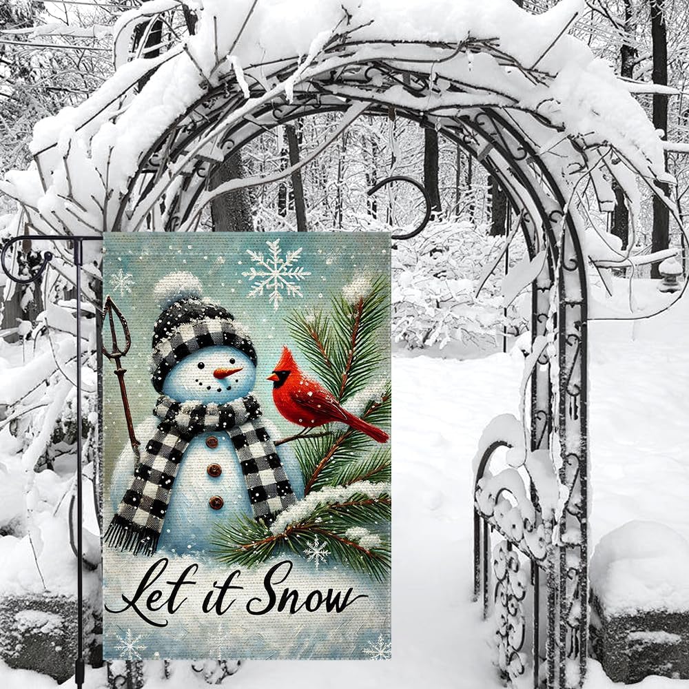 Let It Snow Snowman Cardinal Garden Flag 12x18 Inch Double Sided Burlap, Winter Yard Outside Holiday Farmhouse Outdoor Small Decor - Image 2