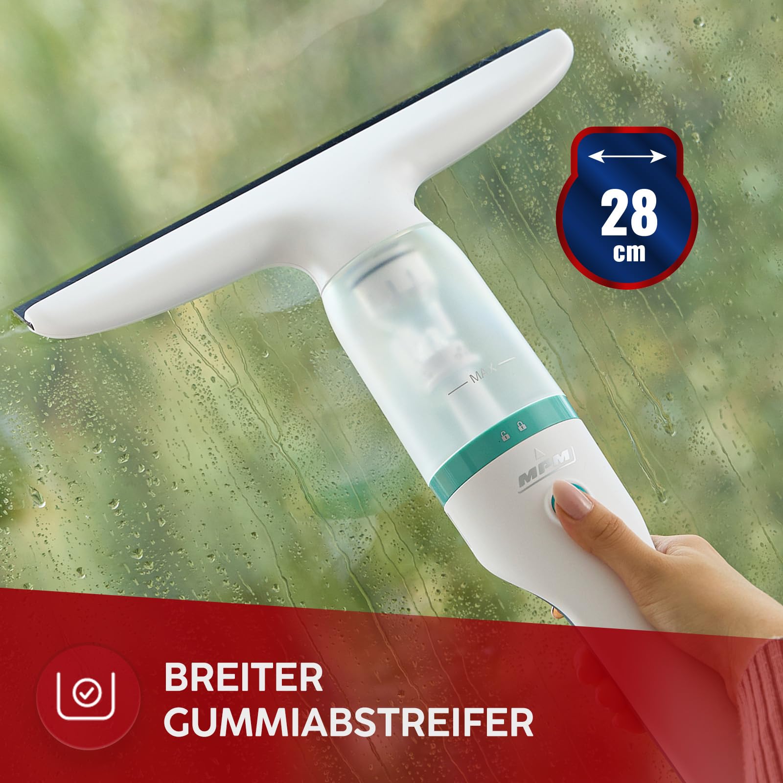 MPM Aspirateur de fenêtre MDS-01 - Aspirateur de fenêtre qui aspire automatiquement l'eau - Sans traces ni taches d'eau - 40 minutes d'autonomie avec une charge