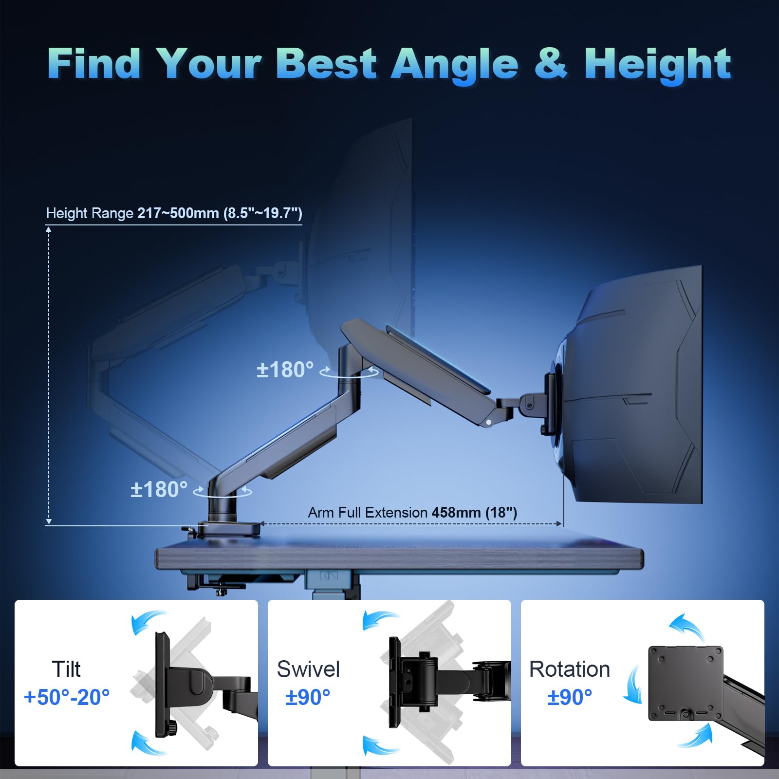 Brazo de Monitor para Pantallas Planas y Curvas de 17 a 49 Pulgadas, Soporte con Resorte de Gas hasta 20 kg, Totalmente Ajustable, VESA 75/100 mm