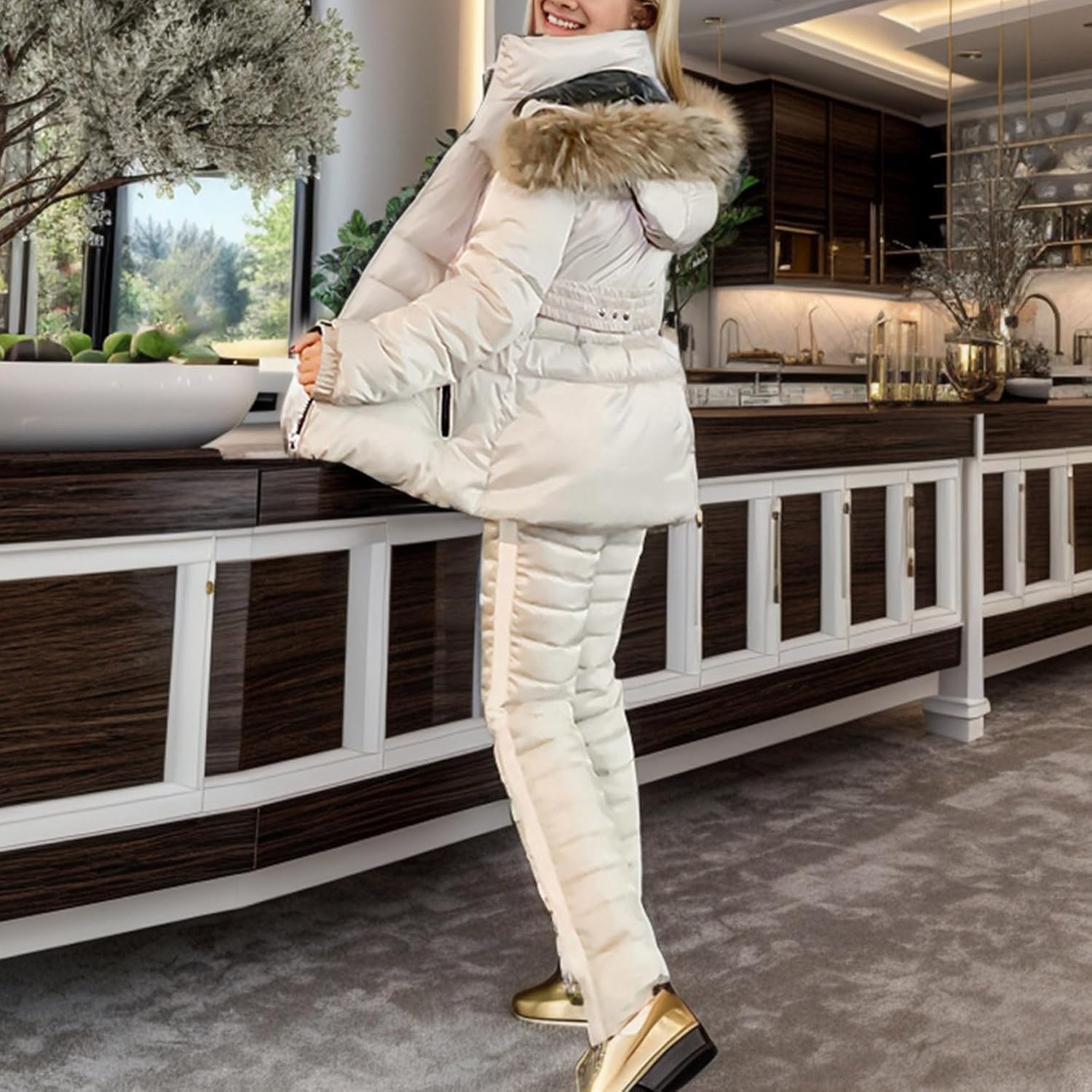 Ensemble Veste et Pantalon de Ski d'hiver pour Femme Pantalon de Neige Coupe-Vent avec Capuche Amovible Veste pour vêtements de Ski Ensemble décontracté