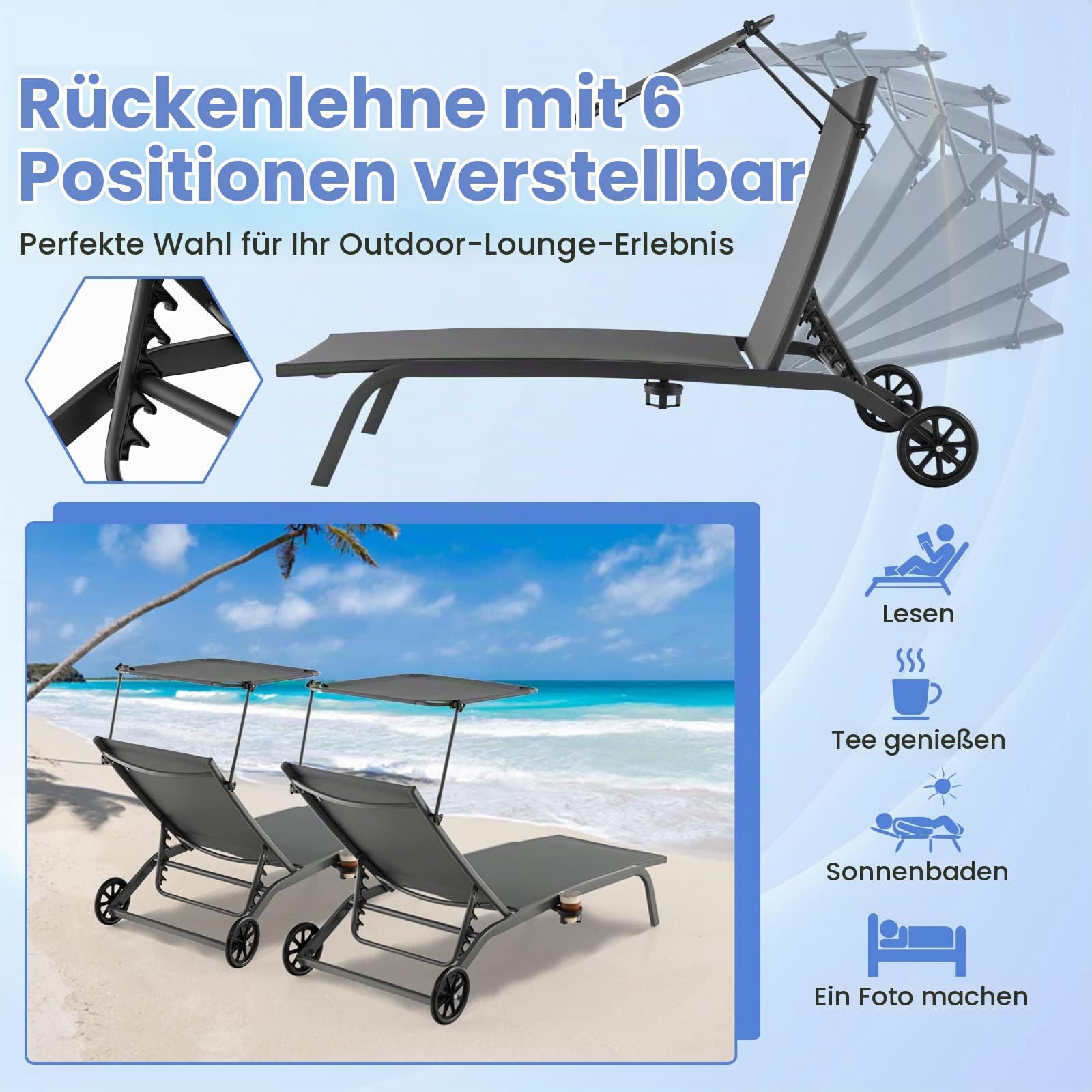GIANTEX Sonnenliege, Gartenliege mit Rollen & Getränkehalter, Liegestuhl mit 6-Fach Verstellbarer Rückenlehne, belastbar bis 150kg, 191 x 61 cm (mit Sonnendach, Grau)