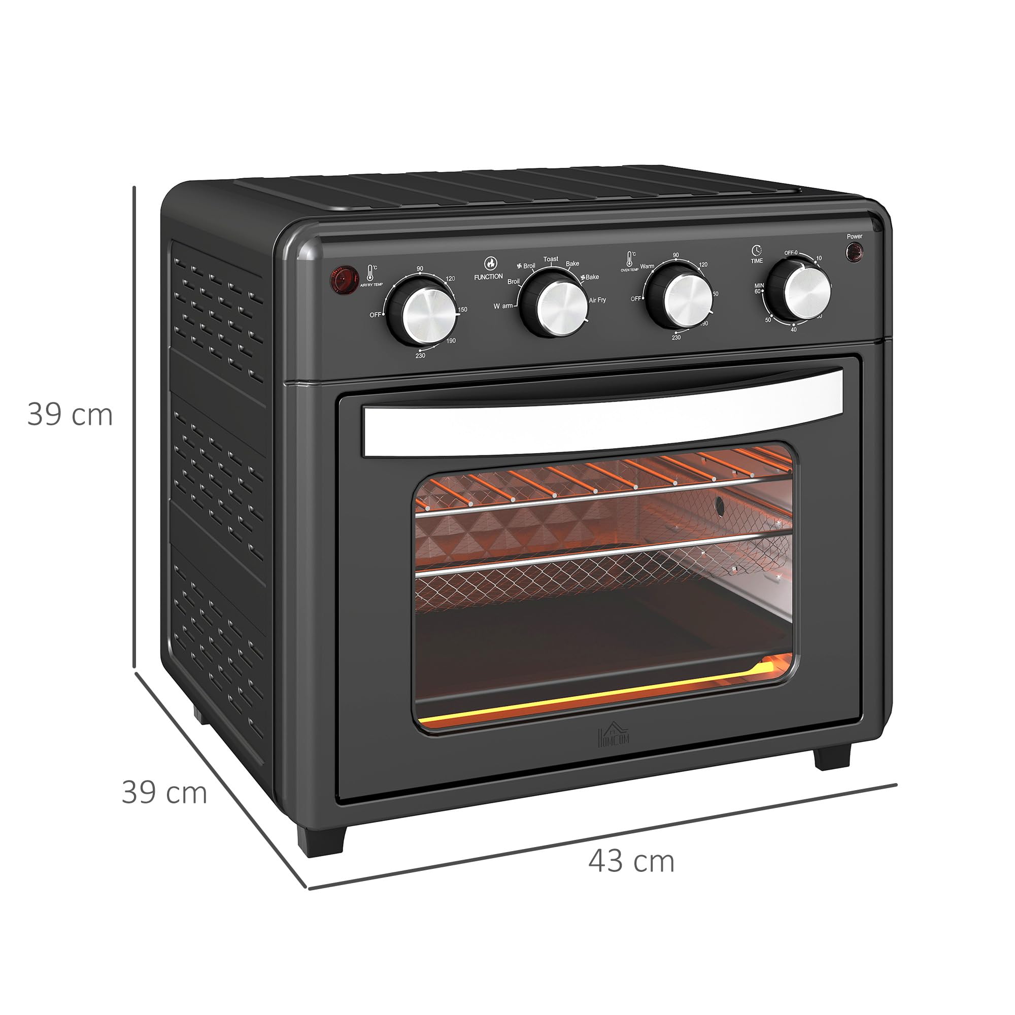 HOMCOM Horno Eléctrico Multifunción de Sobremesa Mini Horno Tostador de 30L 1600W Freidora de Aire con 7 Modos de Calor Temporizador y Temperatura Regulable 43x39x39 cm Negro
