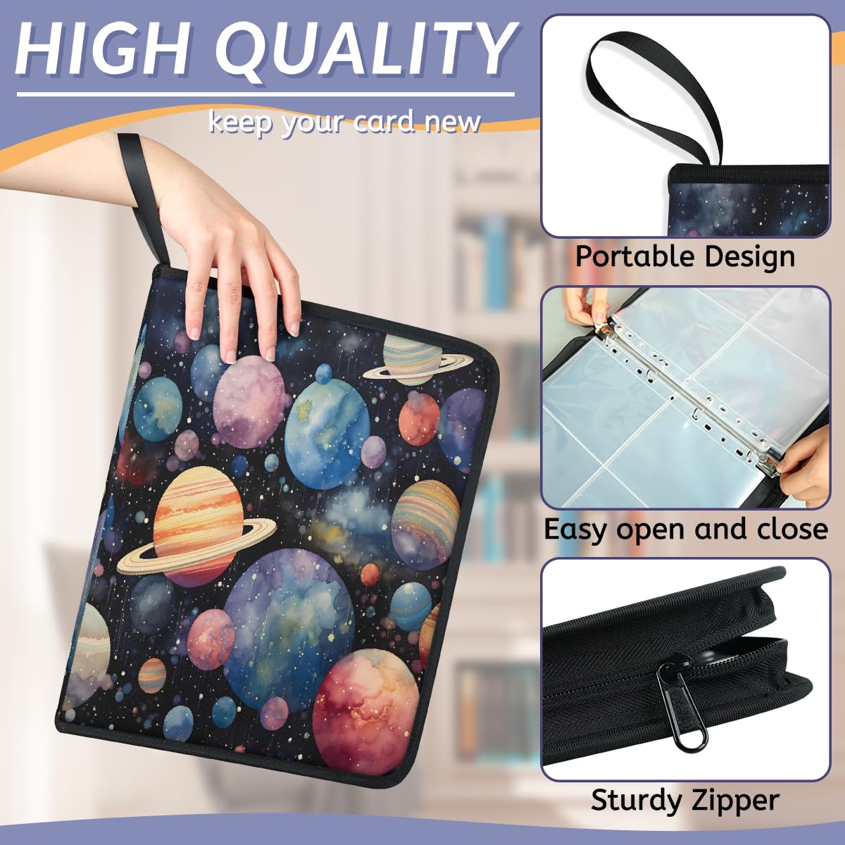 Raccoglitore per carte collezionabili con 4 tasche, 400 tasche, custodia per carte fronte/retro con maniche rimovibili, Galaxy Outer Space Solar System Universo cielo stellato, set di protezioni per