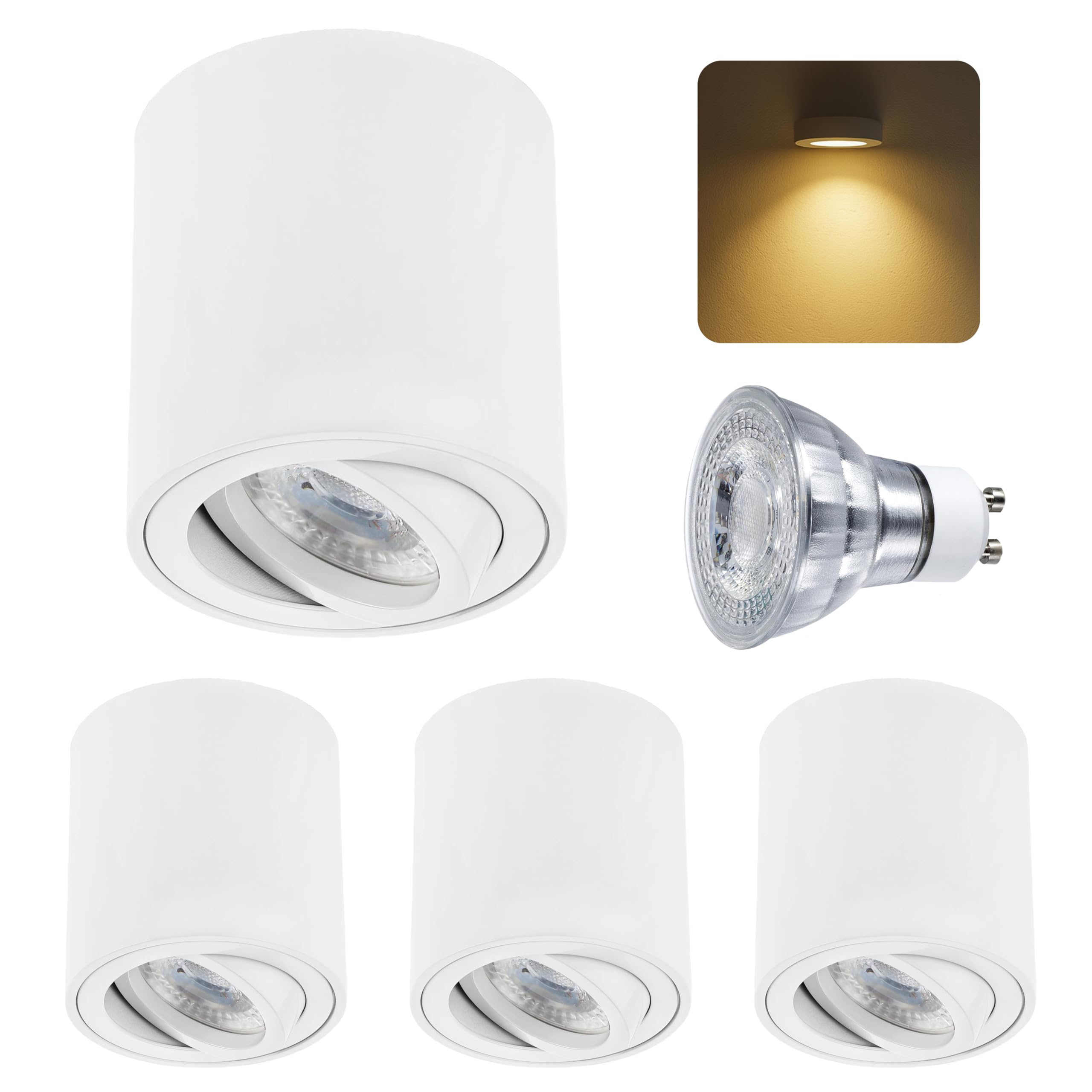 Sweet Led 4er Set Aufbauspot GU10 schwenkbar rund weiß matt – Spots Deckenleuchte inkl. LED 7W 3000K warmweiß, Aufbaustrahler aus Aluminium, Deckenspots Aufputz 230V