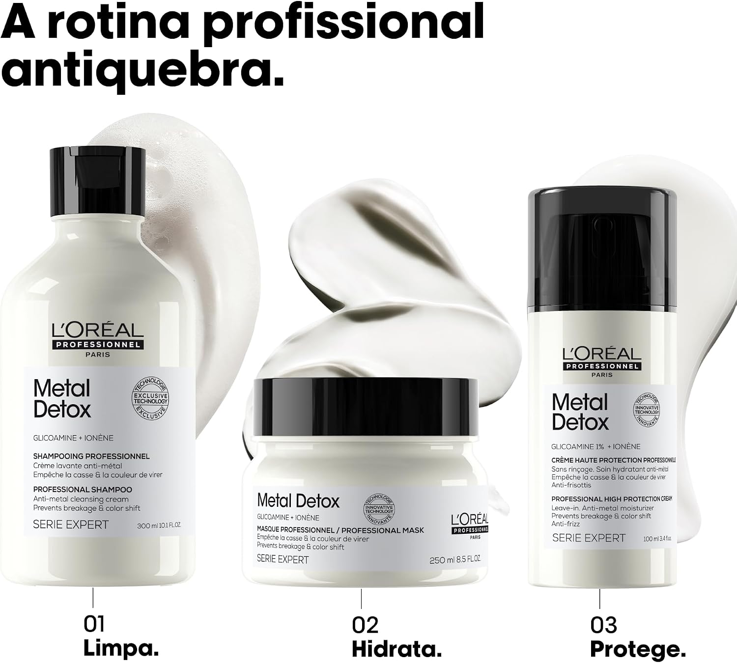 Rotina completa de cuidados Metal Detox com shampoo, máscara e creme leave-in numerados de 01 a 03