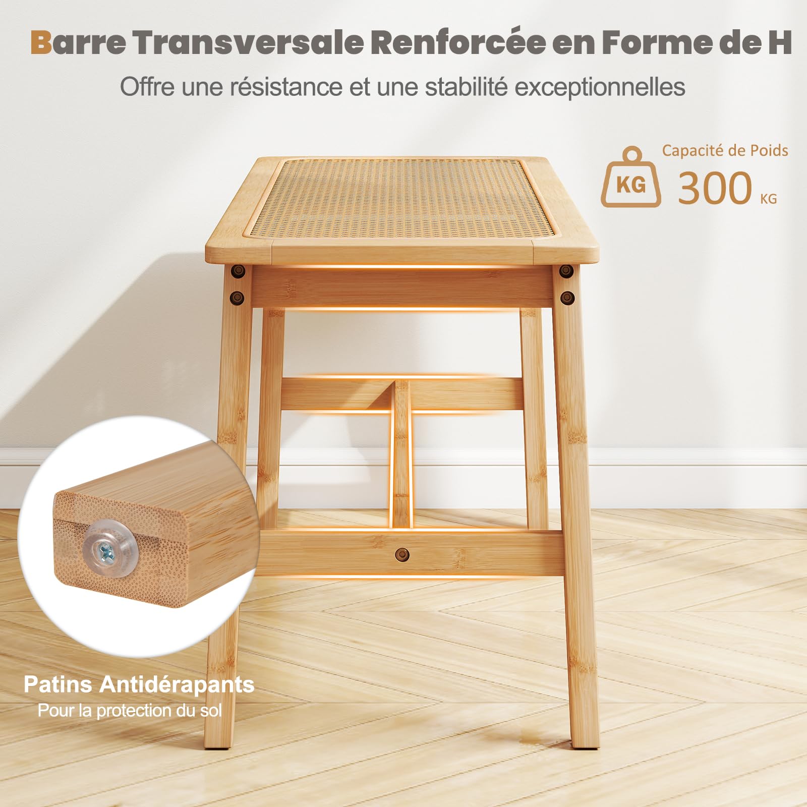 COSTWAY Banc de Salle à Manger en Bambou, Assise en Rotin PVC, Banquette pour 2 Personnes, Patins Antidérapants, Banc Interieur pour Cuisine Entrée Bout de Lit, Charge 300 kg, 100 x 35 x 45 cm